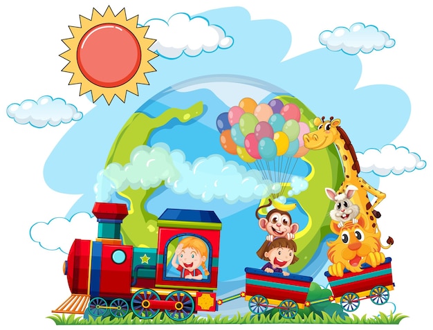 Vettore gratuito bambini e animali felici sul giocattolo del treno con il globo terrestre