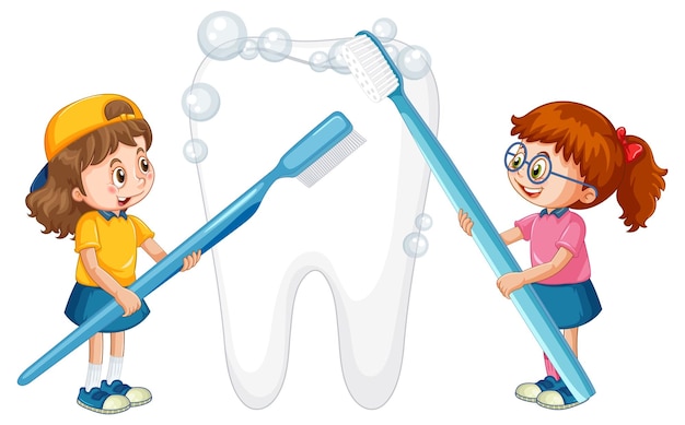 Free vector happy kids brushing a big tooth with a toothbrush on white backg