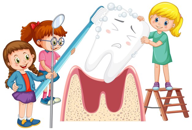 Счастливые дети чистят большой зуб зубной щеткой на белом фоне