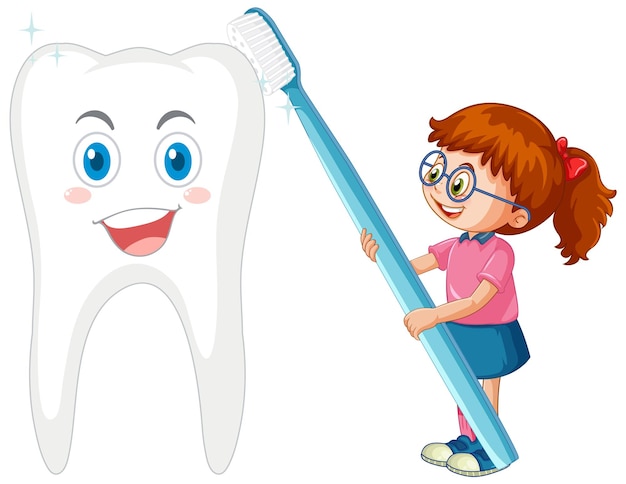 Счастливые дети чистят большой зуб зубной щеткой на белом фоне