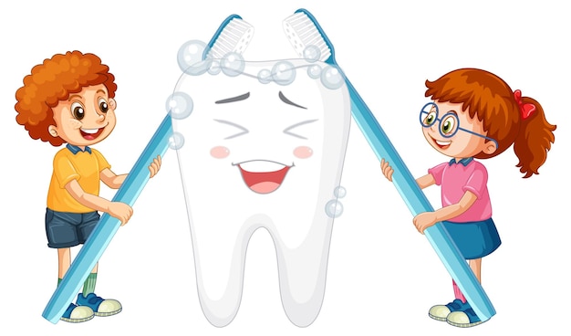 Free vector happy kids brushing a big tooth with a toothbrush on white backg