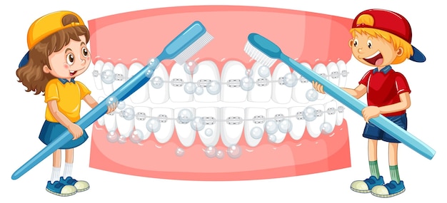 I bambini felici che si lavano i denti sbiancano con uno spazzolino da denti sul retro bianco