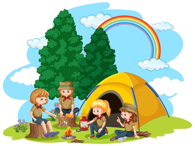 Free vector happy kids at camping tent