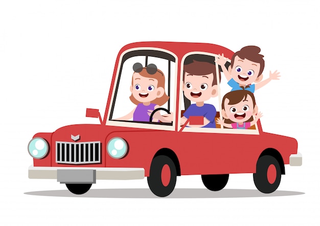 Happy kids family riding car vector illustration