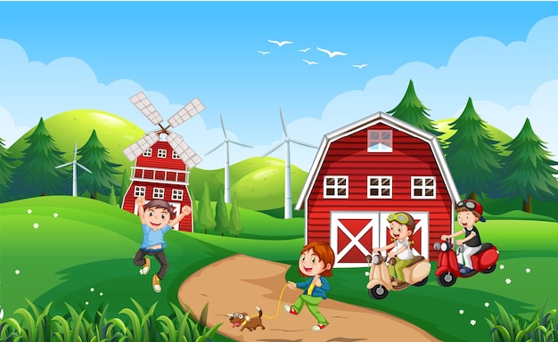 Free vector happy kids in farm landscape