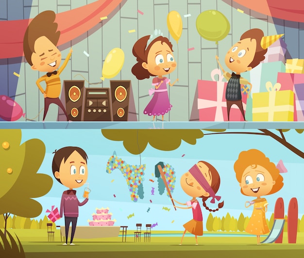 Happy kids having fun dancing and playing at birthday party horizontal banners cartoon isolated vect