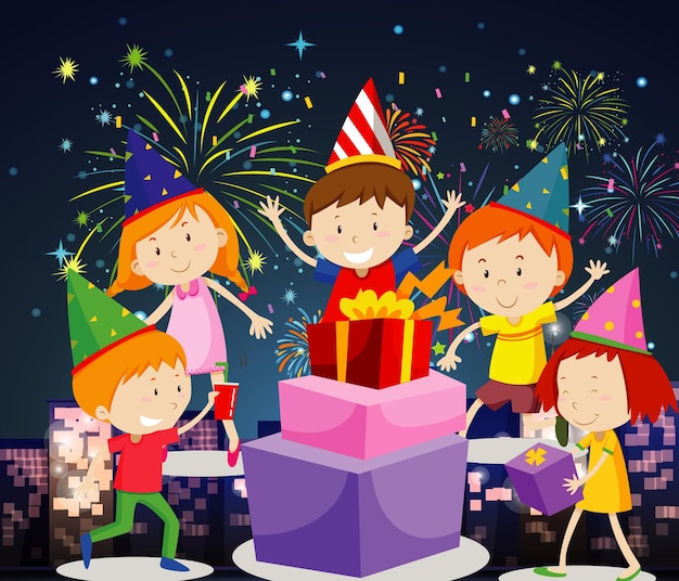 Vettore gratuito bambini felici che fanno festa con regali e fuochi d'artificio