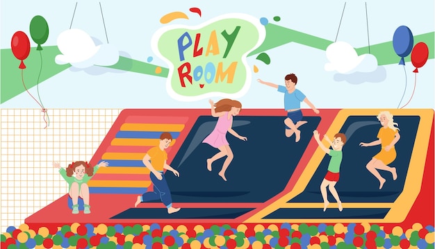 Happy kids jumping on trampoline in play room with colorful balls and balloons flat vector illustration