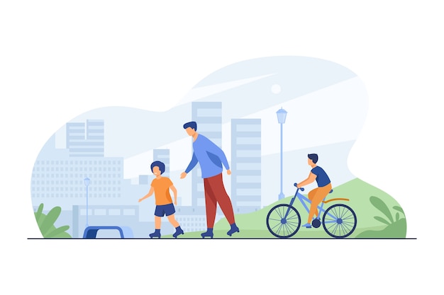 Free vector happy kids and man rolling and cycling. roller skates, bicycle, city flat vector illustration. urban lifestyle and weekend