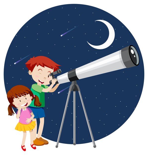 Happy kids observe night sky with telescope