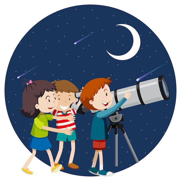 Happy kids observe night sky with telescope