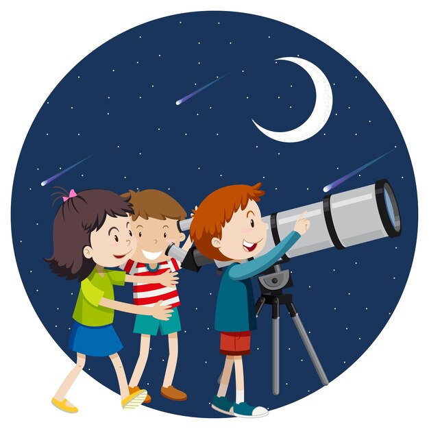 幸せな子供たちは望遠鏡で夜空を観察します