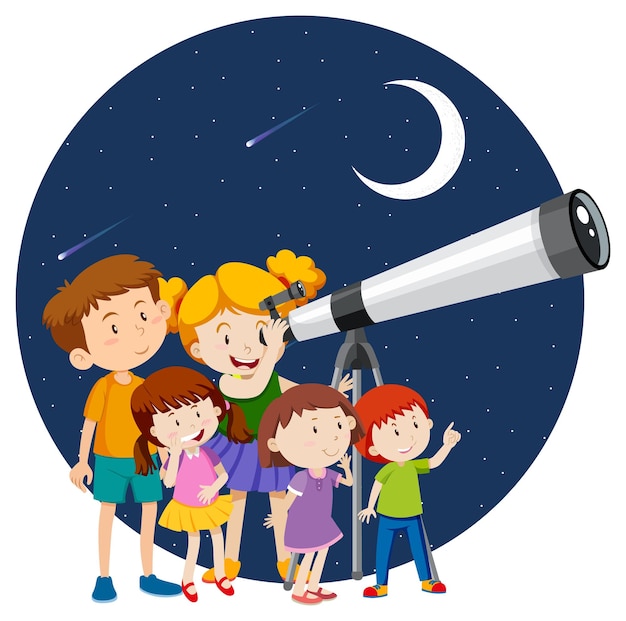 Happy kids observe night sky with telescope