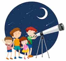 Free vector happy kids observe night sky with telescope