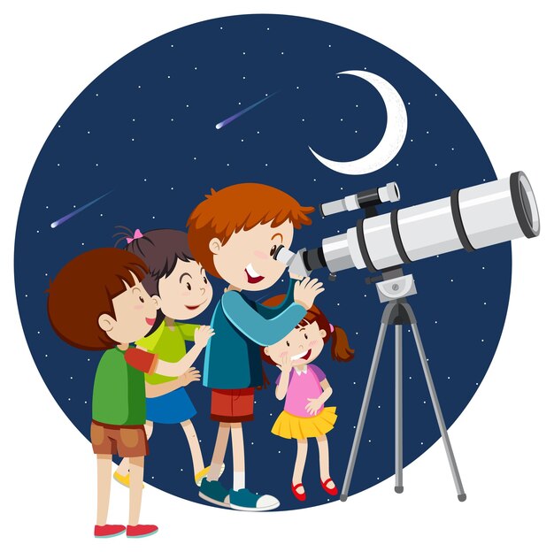 Happy kids observe night sky with telescope