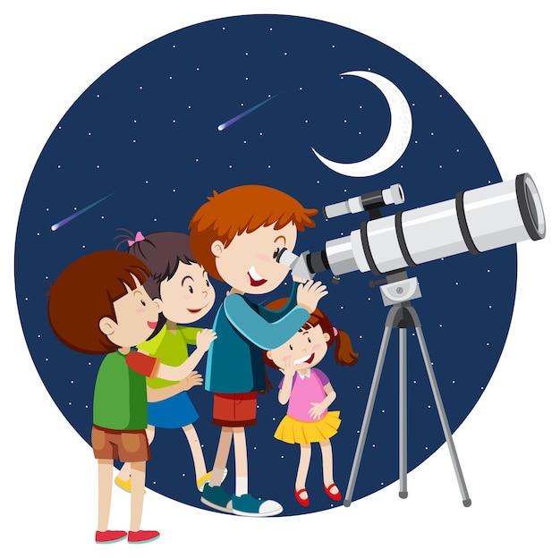 행복한 아이들은 망원경으로 밤하늘을 관찰합니다