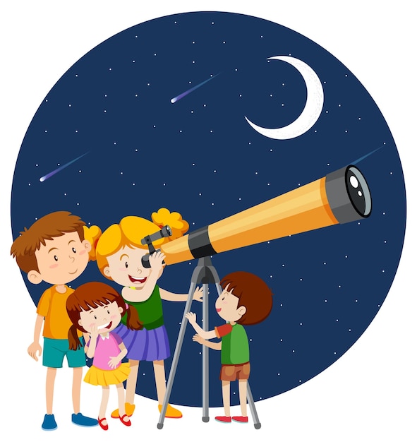 Happy kids observe night sky with telescope