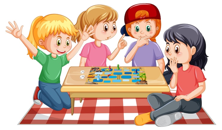Free Vector happy kids playing boardgame on white background