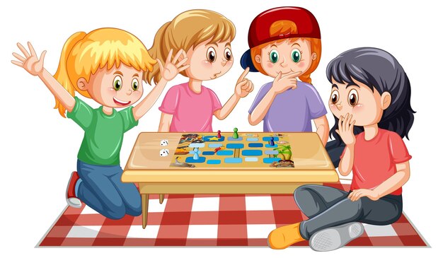 Happy kids playing boardgame on white background