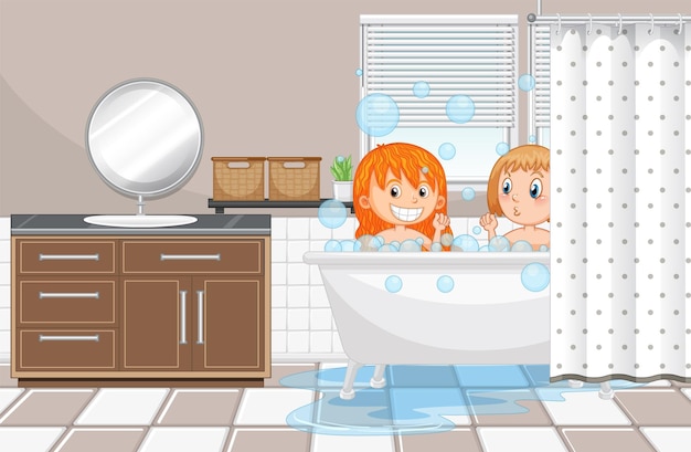 Free vector happy kids playing bubbles in bathtub