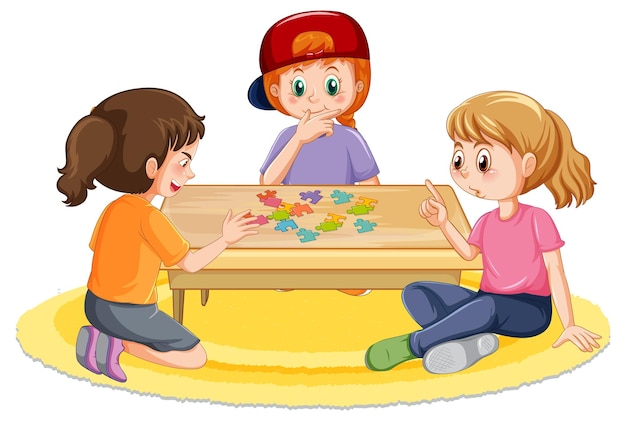 Happy kids playing jigsaw on white background