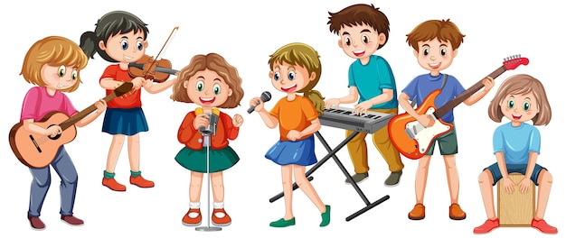 Vettore gratuito bambini felici che suonano strumenti musicali