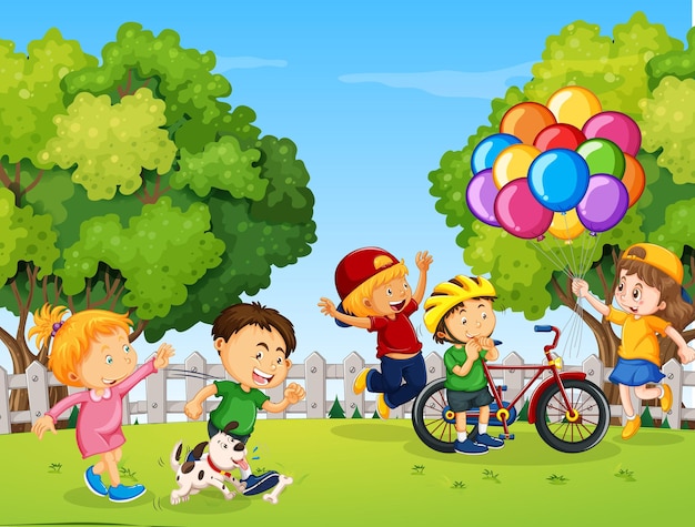 Счастливые дети, играющие в парке