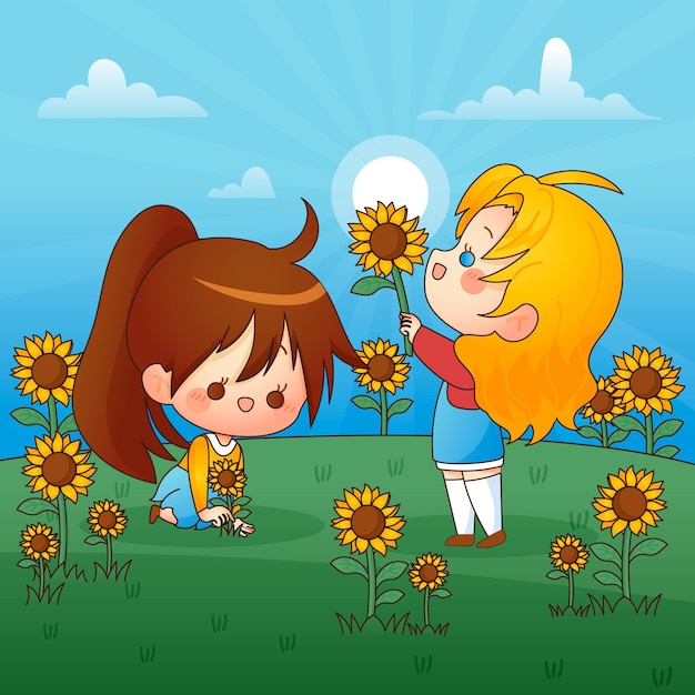 Happy kids playing with sunflowers