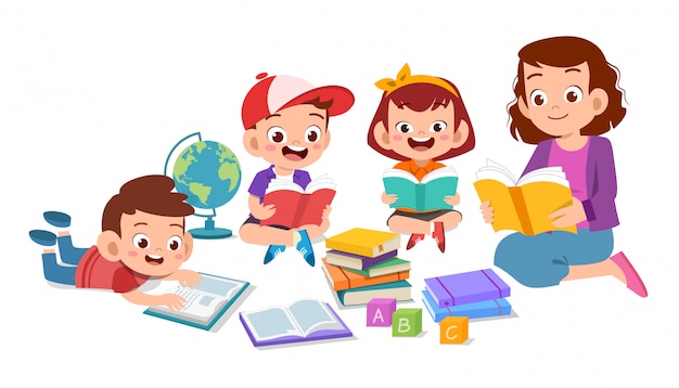 Happy kids studying together with their teacher