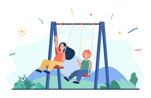 Happy kids swinging on swings. Little friends enjoying activities on playground. Vector illustration for childhood, leisure time outdoors, friendship concept