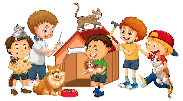 Free vector happy kids with pet