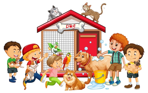 Free Vector | Happy kids with their pets on white background Free Vector | Happy kids with their pets on white background