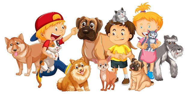 Vettore gratuito bambini felici con i loro animali domestici