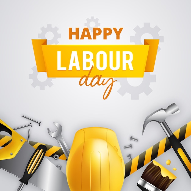 Free vector happy labour day with yellow helmet and tools