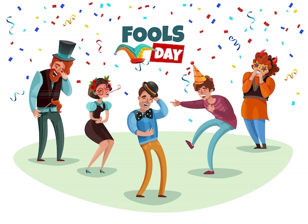 Happy laughing people celebrating april fools day cartoon