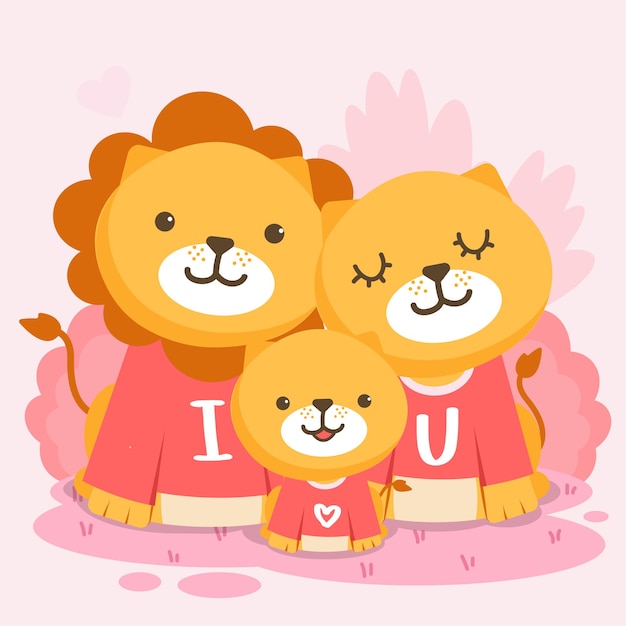 Счастливая семья льва, позирующая вместе с текстом, я тебя люблю