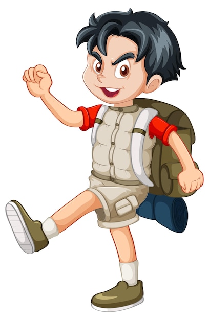 Happy little boy in camping outfit with backpack