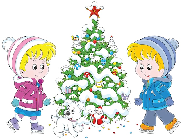 飾られた​クリスマスツリー​の​周り​で​スケート​を​する​幸せな​小さな​子供たち