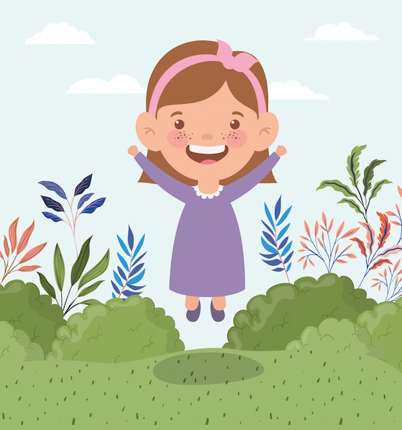 Happy little girl in the field landscape