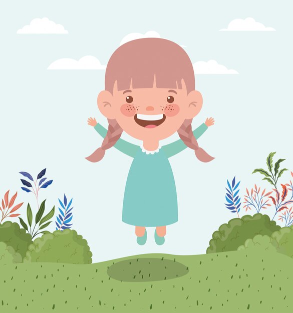 Happy little girl in the field landscape