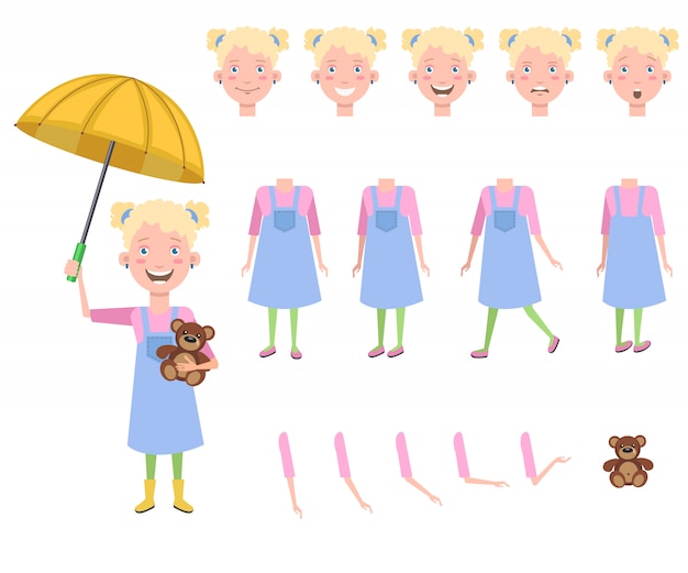Happy little girl with teddy bear under umbrella character set