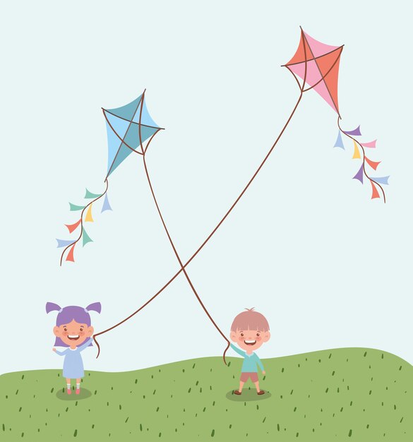 フィールド風景の中の凧を飛んで幸せな小さな子供たち