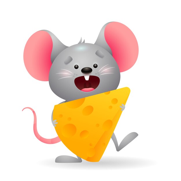 Счастливая маленькая мышь ест сыр
