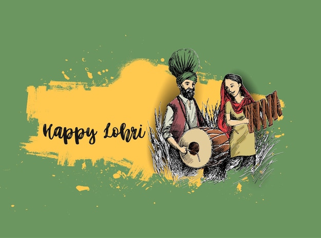 무료 벡터 인도 축제에서 dhol tasha를 연주하는 happy lohri men.