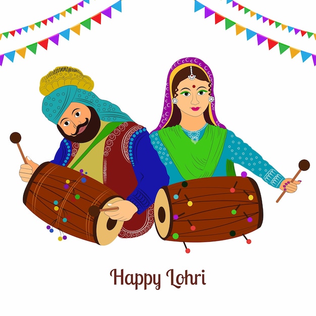 Free vector happy lohri with young couple doing bhangra dance and dhol instrument on background