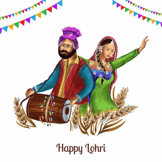 Free vector happy lohri with young couple doing bhangra dance and dhol instrument on background