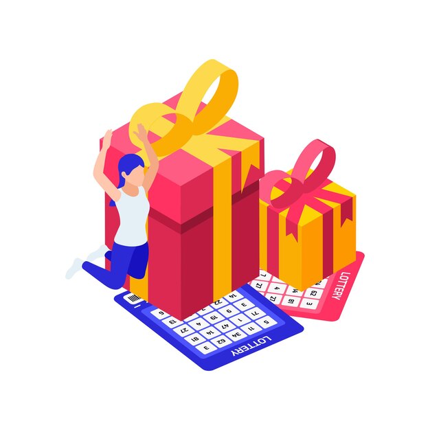 Happy lottery winner tickets and presents isometric illustration 3d