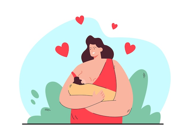 Free vector happy loving mother breastfeeding her baby flat illustration.