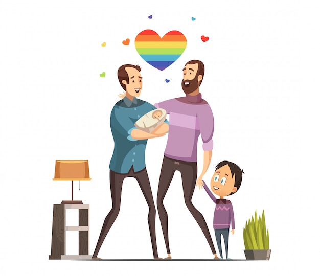 Happy loving same-sex gay couple with newborn baby and little son at home retro cartoon vector illus