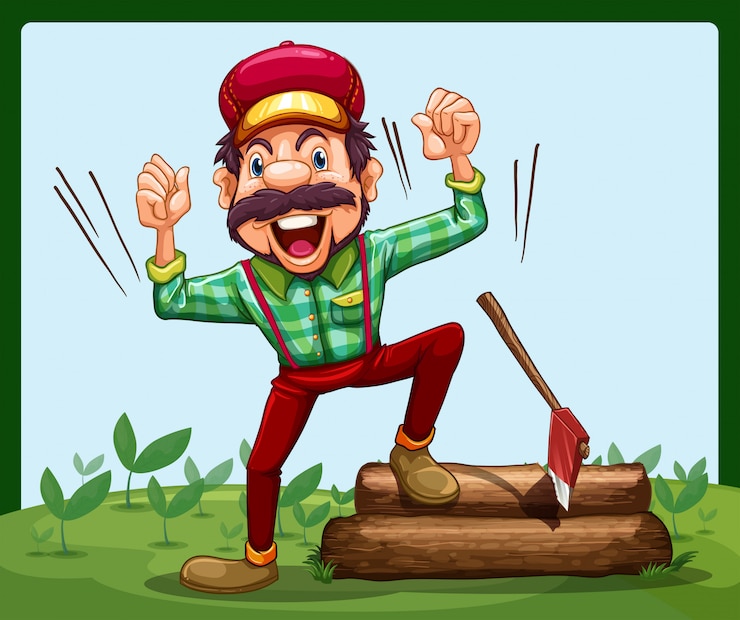 मुफ़्त वेक्टर a happy lumberjack stepping on a log with axe